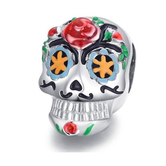 Silver Sugar Skull Dia de Los Muertos Charm 925 Silver - Picture 1 of 2